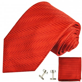Krawatte rot uni Seide mit Einstecktuch und Manschettenknöpfe
