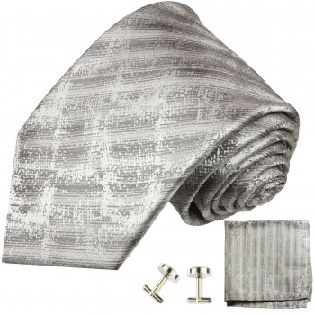 Weiß graue Krawatte gestreift Seide mit Einstecktuch und Manschettenknöpfe