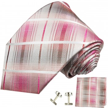 Krawatte pink gestreift Seide mit Einstecktuch und Manschettenknöpfe