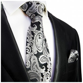 Krawatte schwarz silber paisley Seide mit Einstecktuch