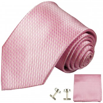Krawatte pink uni einfarbig mit Einstecktuch und Manschettenknöpfe