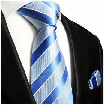 Krawatte blau gestreift hellblau und dunkelblau mit Einstecktuch 763