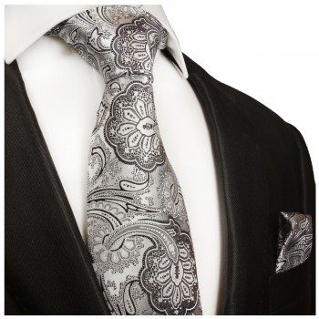 Krawatte silber schwarz paisley floral brokat Seide mit Einstecktuch