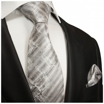 Krawatte weiß grau gestreift Seide mit Einstecktuch
