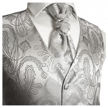 Silber Hochzeitsweste paisley mit Plastron Krawatte Einstecktuch und Manschettenknöpfen v3