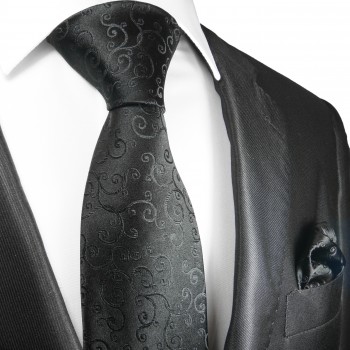 Krawatte schwarz uni ornament Seide mit Einstecktuch
