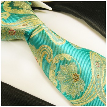 Turquoise yellow mens tie 100% silk necktie paisley 2024