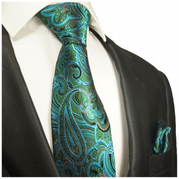 Aqua paisley extra langes XL Krawatten Set 2tlg. 100% Seidenkrawatte + Einstecktuch by Paul Malone 2008