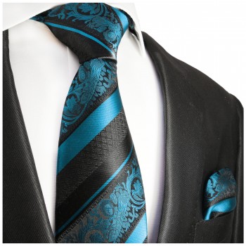 Aqua schwarz gestreiftes extra langes XL Krawatten Set 2tlg. 100% Seidenkrawatte + Einstecktuch by Paul Malone 2036
