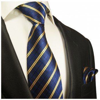 Blau gelb gestreiftes extra langes XL Krawatten Set 2tlg. 100% Seidenkrawatte + Einstecktuch by Paul Malone 2021