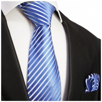 Krawatte blau gestreift mit Einstecktuch Seide 923