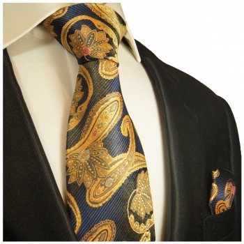 Blau gold paisley  extra langes XL Krawatten Set 2tlg. 100% Seidenkrawatte + Einstecktuch by Paul Malone 2025
