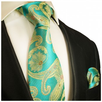 Blau grün paisley  extra langes XL Krawatten Set 2tlg. 100% Seidenkrawatte + Einstecktuch by Paul Malone 2024