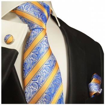 Extra langes Krawatten Set blau orange gestreift 3tlg. 100% Seide + Einstecktuch + Manschettenknöpfe by Paul Malone 2002