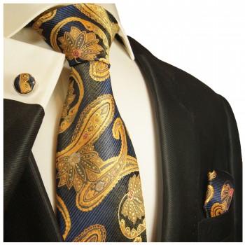 Extra langes Krawatten Set blau gold paisley 3tlg. 100% Seide + Einstecktuch + Manschettenknöpfe by Paul Malone 2025