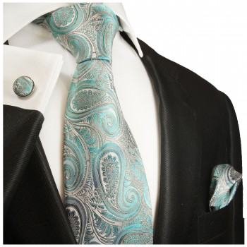 Extra langes Krawatten Set blau paisley 3tlg. 100% Seide + Einstecktuch + Manschettenknöpfe by Paul Malone 2016