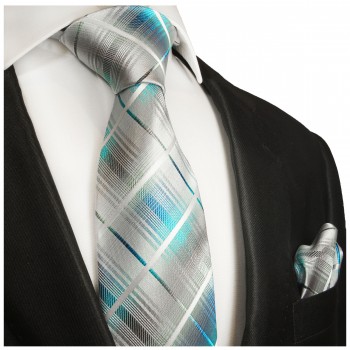 Blau silber kariert extra langes XL Krawatten Set 2tlg. 100% Seidenkrawatte + Einstecktuch by Paul Malone 2027