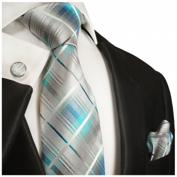 Extra langes Krawatten Set blau silber kariert 3tlg. 100% Seide + Einstecktuch + Manschettenknöpfe by Paul Malone 2027