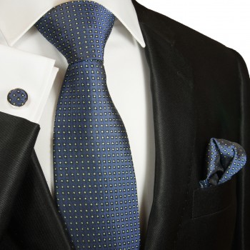 Extra langes Krawatten Set blau grün gepunktet 3tlg. 100% Seide + Einstecktuch + Manschettenknöpfe by Paul Malone 2041