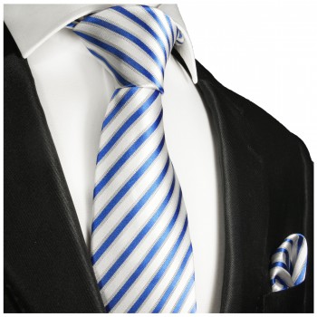 Krawatte blau mit Einstecktuch gestreift Seide 685