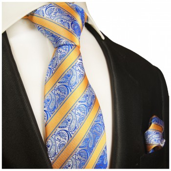 Blau oranges extra langes XL Krawatten Set 2tlg. 100% Seidenkrawatte + Einstecktuch by Paul Malone 2002