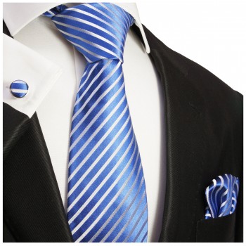 Krawatte blau gestreift mit Einstecktuch und Manschettenknöpfe Seide 923