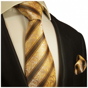 Braun gestreiftes extra langes XL Krawatten Set 2tlg. 100% Seidenkrawatte + Einstecktuch by Paul Malone 2011