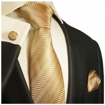Extra langes Krawatten Set braun gold 3tlg. 100% Seide + Einstecktuch + Manschettenknöpfe by Paul Malone 2012