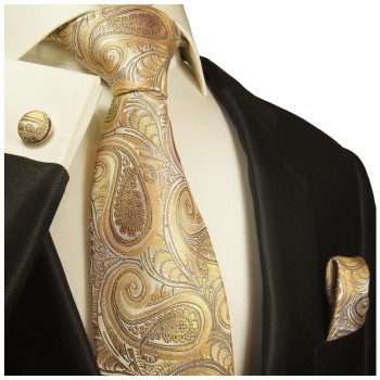 Extra langes Krawatten Set braun paisley 3tlg. 100% Seide + Einstecktuch + Manschettenknöpfe by Paul Malone 2010