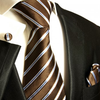 Brown necktie set 3pcs + handkerchief + cufflinks 724