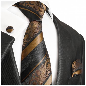 Extra langes Krawatten Set braun schwarz gestreift 3tlg. 100% Seide + Einstecktuch + Manschettenknöpfe by Paul Malone 2033