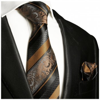 Braun schwarz gestreiftes extra langes XL Krawatten Set 2tlg. 100% Seidenkrawatte + Einstecktuch by Paul Malone 2033