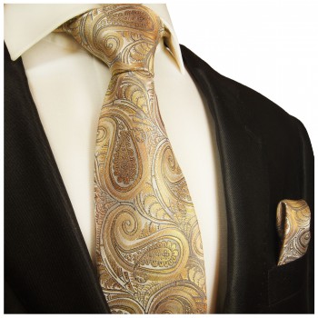 Gelb braunes extra paisley langes XL Krawatten Set 2tlg. 100% Seidenkrawatte + Einstecktuch by Paul Malone 2010
