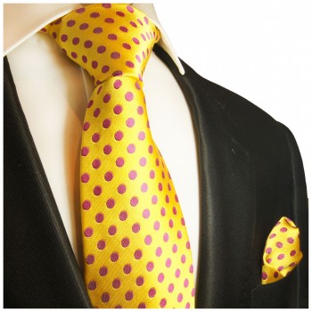 Gelb pink gepunktetes extra langes XL Krawatten Set 2tlg. 100% Seidenkrawatte + Einstecktuch by Paul Malone 2003