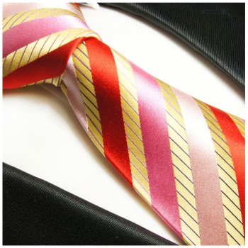 Paul Malone XL Krawatte 165cm gold rot pink gestreifte Seidenkrawatte 620