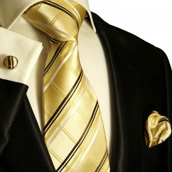 Gold braunes Krawatten Set 3tlg + Einstecktuch + Manschettenknöpfe 970