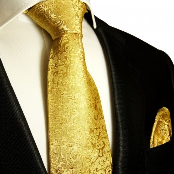 Goldene Krawatten Set 2tlg Seidenkrawatte gold + Einstecktuch 902