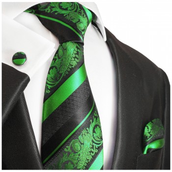 Extra langes Krawatten Set grün schwarz gestreift 3tlg. 100% Seide + Einstecktuch + Manschettenknöpfe by Paul Malone 494