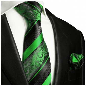 Grün schwarz gestreiftes extra langes XL Krawatten Set 2tlg. 100% Seidenkrawatte + Einstecktuch by Paul Malone 494