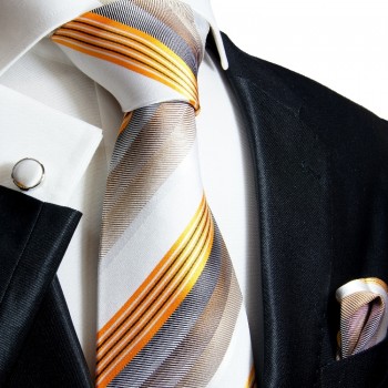 Krawatte gold grau gestreift Seidenkrawatte - Seide - Krawatte mit Einstecktuch und Manschettenknöpfe