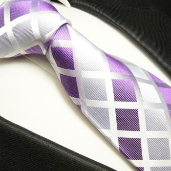 Krawatte lila flieder silber 100% Seide kariert 466