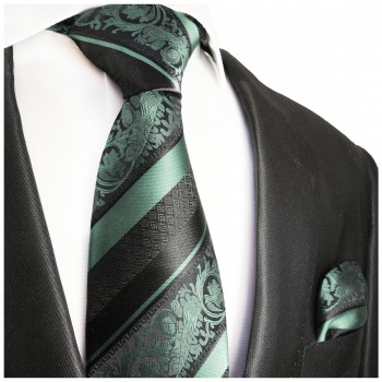 Mintgrün schwarz gestreiftes extra langes XL Krawatten Set 2tlg. 100% Seidenkrawatte + Einstecktuch by Paul Malone 2034
