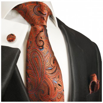 Extra langes Krawatten Set orange blau paisley 3tlg. 100% Seide + Einstecktuch + Manschettenknöpfe by Paul Malone 2023
