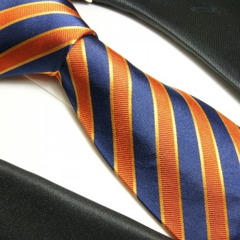 Krawatte blau orange 100% Seide gestreift 728