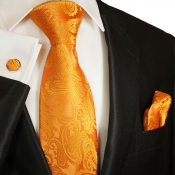 Extra langes Krawatten Set orange 3tlg. 100% Seide + Einstecktuch + Manschettenknöpfe by Paul Malone 2042