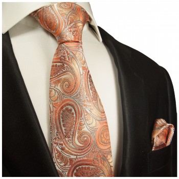Orange paisley extra langes XL Krawatten Set 2tlg. 100% Seidenkrawatte + Einstecktuch by Paul Malone 2015