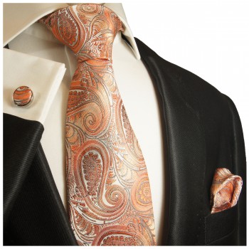 Extra langes Krawatten Set orange paisley 3tlg. 100% Seide + Einstecktuch + Manschettenknöpfe by Paul Malone 2015