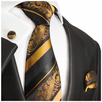 Extra langes Krawatten Set orange schwarz gestreift 3tlg. 100% Seide + Einstecktuch + Manschettenknöpfe by Paul Malone 495