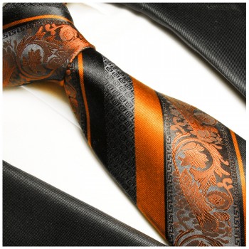 Krawatte orange schwarz 100% Seide barock gestreift 2031