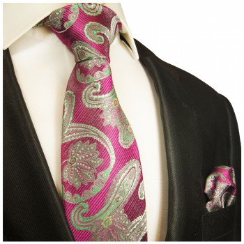 Pink grün paisley extra langes XL Krawatten Set 2tlg. 100% Seidenkrawatte + Einstecktuch by Paul Malone 2026
